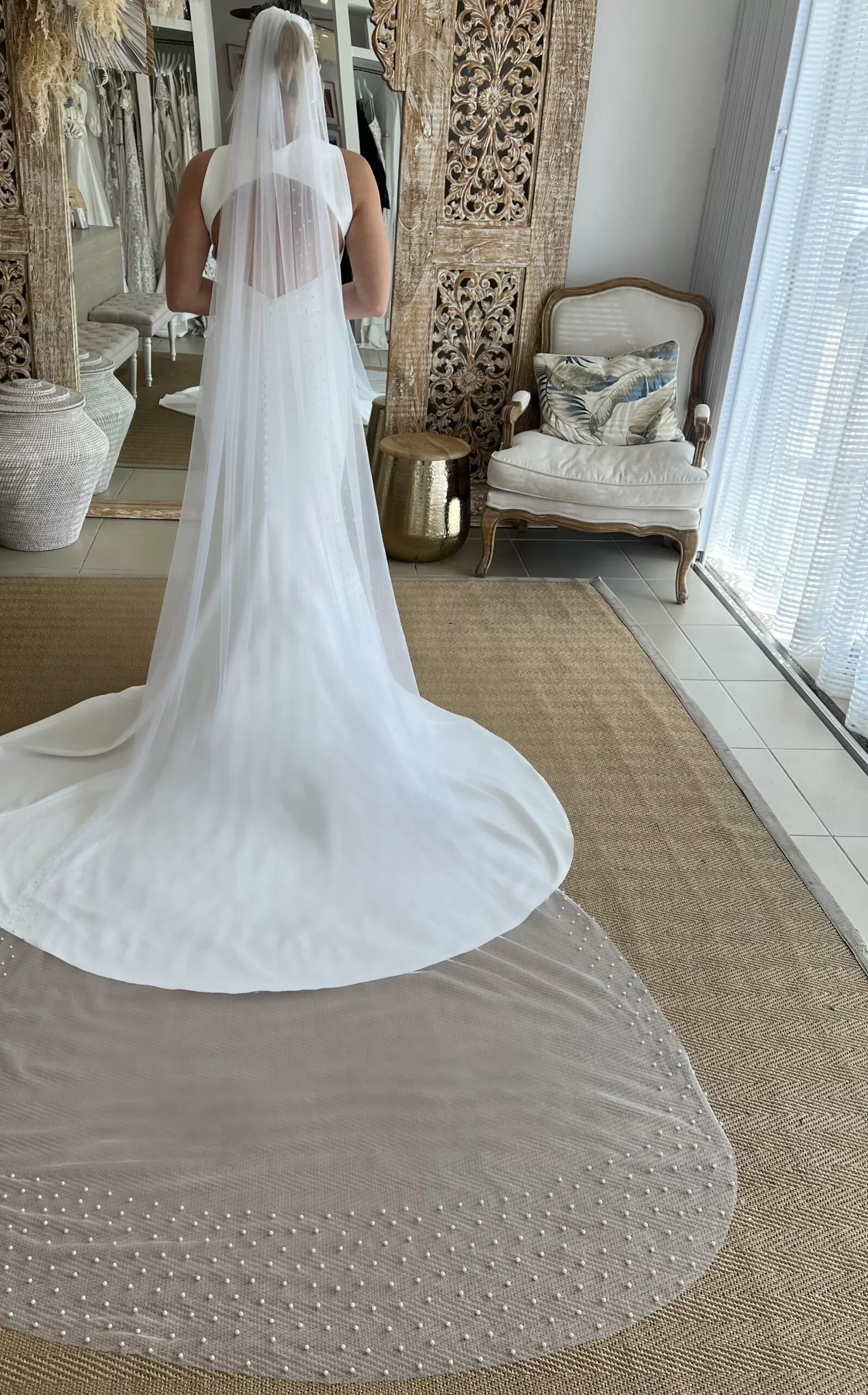 Pearl edge cathedral length wedding veil Rosario Pearl Edge Wedding Veil | Pearl Bridal Veil | A.B. ELLIE main image 3